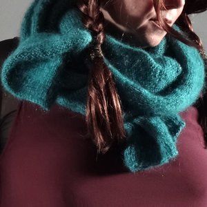 New Hand Knit Sequined Scarf, Teal / Cerulean / Arctic Blue